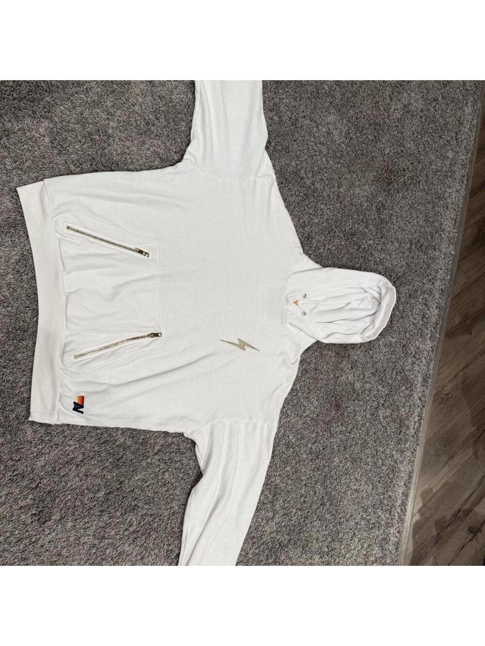 White Hoodie with Front Zipper Pockets and Lightning Bolt Em